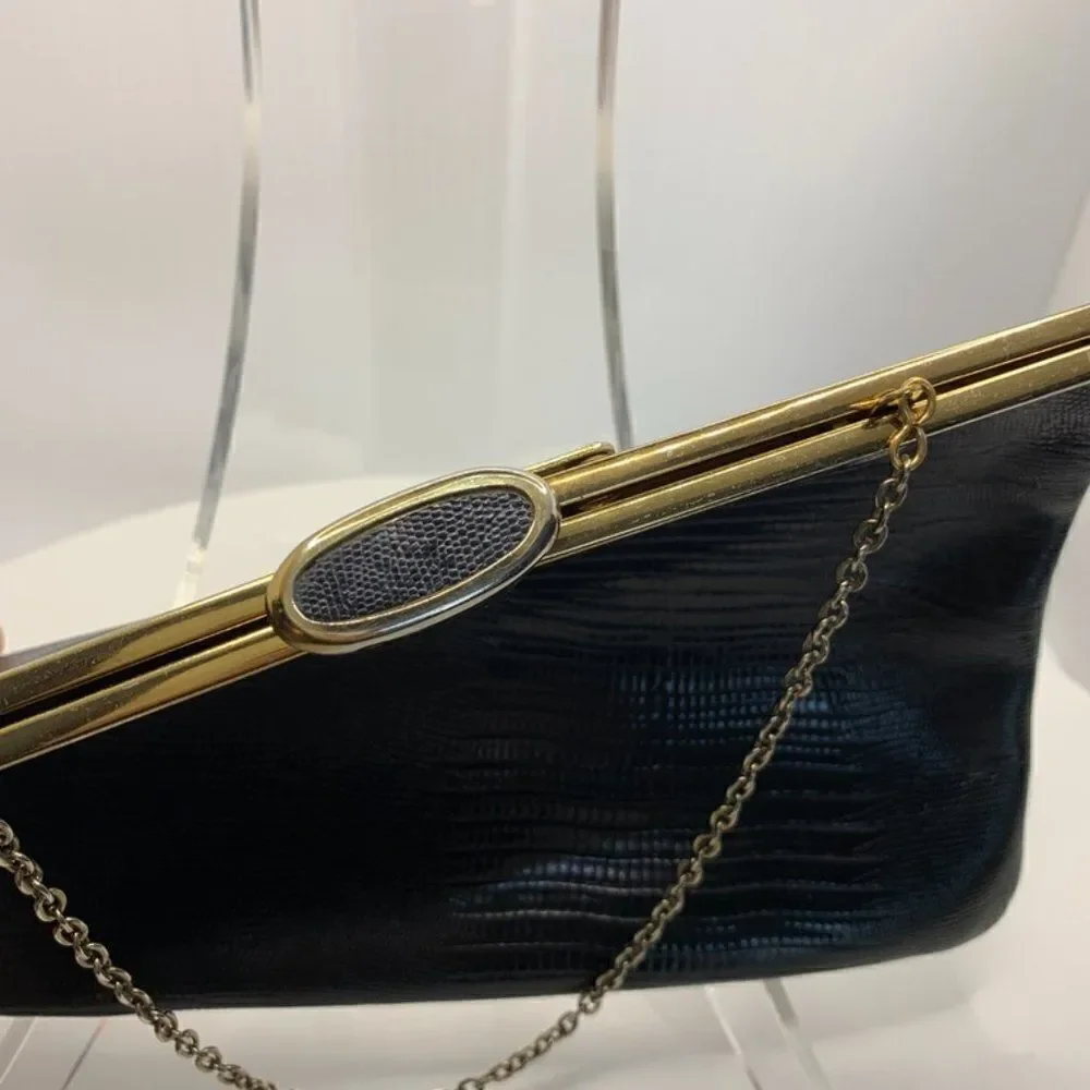 Vintage Etra Black and Brass Chain Croc Embossed Leather Purse